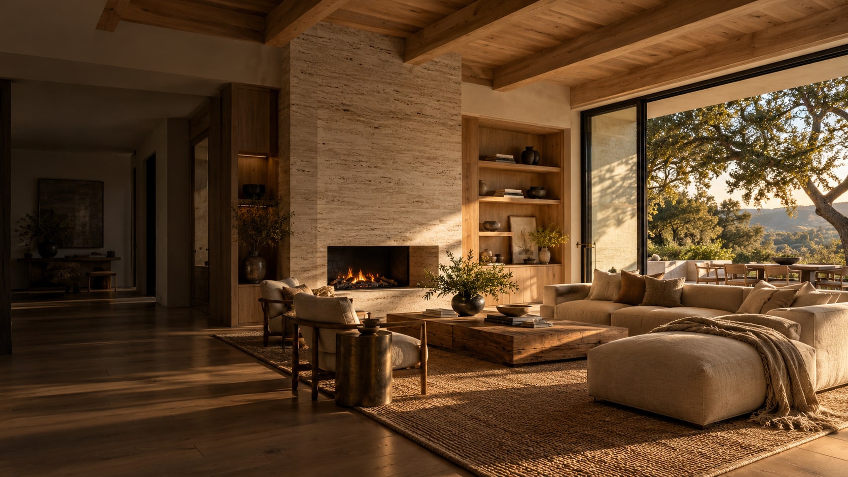 Warm contemporary living space with natural wood, stone, and an open connection to the outdoors
